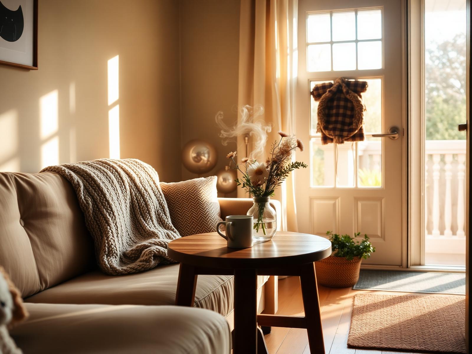 A warm, sunlit living room